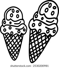 simple cute two of ice creams, clean thick black and white outline only, kids colouring book for age 5-10 years old, and easy to draw