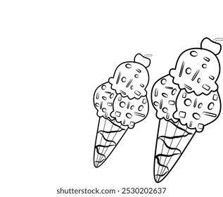 simple cute two of ice creams, clean thick black and white outline only, kids coloring book for age 5-10 years old, and easy to draw