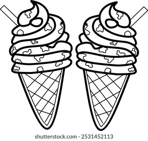 simple cute two of ice creams, clean thick black and white outline only, easy to draw and for kids colouring book at age 5-10 years old