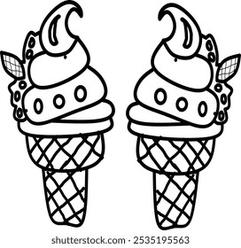 simple cute two of ice creams, clean thick black and white outline only, easy to draw and for kids colouring book at age 5-10 years old