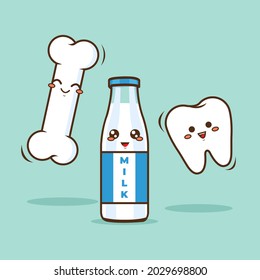 Simple and cute vector illustration of bone, milk and tooth on blue background