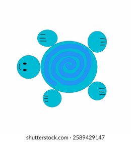 Simple and cute vector illustration of a cartoon turtle, made with basic geometric shapes such as circles. This turtle has a light blue shell with a spiral pattern in the middle.