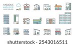 A simple and cute vector illustration icon set of buildings such as houses, shops, and apartment buildings