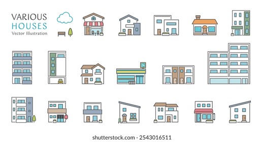 Um simples e bonito ícone de ilustração vetorial conjunto de edifícios, como casas, lojas e prédios de apartamentos