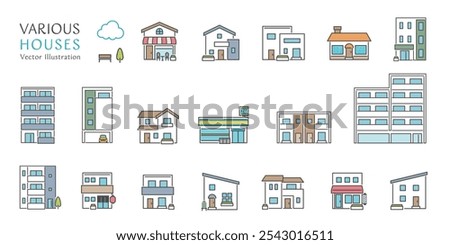 A simple and cute vector illustration icon set of buildings such as houses, shops, and apartment buildings