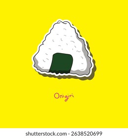 Simple and cute vector illustration of onigiri, a traditional Japanese rice ball, on a bright yellow background. Ideal for stickers, menus, packaging, and Japanese-themed designs.
