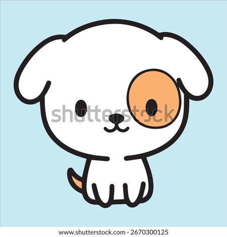 A simple, cute vector illustration of a small, cartoon dog with a single eye patch, drawn in a minimal, line art style. The puppy is sitting and smiling with a cheerful expression.