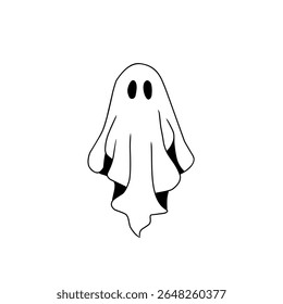 Simple and cute vector illustration of a white cartoon ghost with black eyes. This minimalist design is perfect for Halloween themes, ghost celebrations, or friendly horror concepts. 