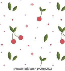Simple and cute vector pattern with illustrations of sweet cherry, stars and green leafs.