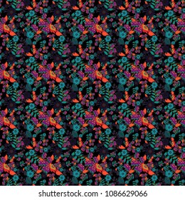 Simple cute vector pattern in small-scale flowers. Liberty style. Floral seamless blue, purple and brown background for textile, book covers, manufacturing, wallpapers, print, gift wrap. Millefleurs.