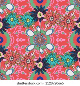 Simple cute vector pattern in small-scale flowers. Floral seamless blue, green and pink background for textile, book covers, manufacturing, wallpapers, print, gift wrap. Liberty style. Millefleurs.