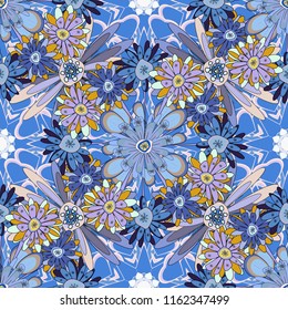 Simple cute vector pattern in small-scale flowers. Liberty style. Millefleurs. Floral seamless neutral, black and blue background for textile, book covers, manufacturing, wallpapers, print, gift wrap.