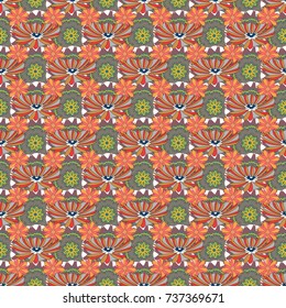 Simple cute vector pattern in small-scale flowers. Liberty style. Floral seamless pink, orange and gray background for textile, book covers, manufacturing, wallpapers, print, gift wrap. Millefleurs.