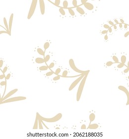 Simple and cute vector pattern. White background and simple cartoon curved contours of wheat ears, made in a pleasant beige color