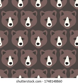 Simple but cute vector repeat pattern with horizontal aligned bear heads on dark background. One of The Bear Family collection patterns.