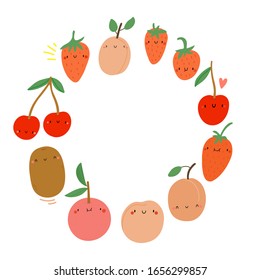 Simple and cute vector round Fruits frame - Cherry, Peach, Strawberry, Kiwi, Grapefruit. Seasonal Spring Fruits in round geometrical shape.