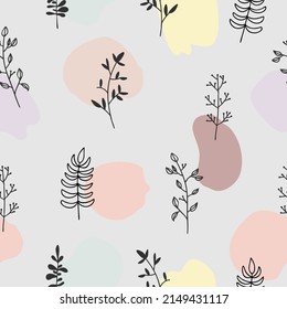 Simple and cute vector seamless pattern with twigs and abstract spots. For wallpapers and decoration, invitation card, fabric print or textile, linen, web page background, gift and wrapping paper.