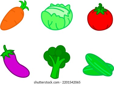 Einfache und süße Gemüsesammlung enthält Karotten, Kohl, Tomaten, Gurken, Auberginen und Brokkoli zur Illustration oder Erziehung