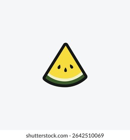 Fatia de melancia simples e fofa. Fatias de melancia são mostradas em um fundo branco. As fatias são cortadas ao meio e a melancia é amarela e verde. A imagem tem um humor brilhante e alegre