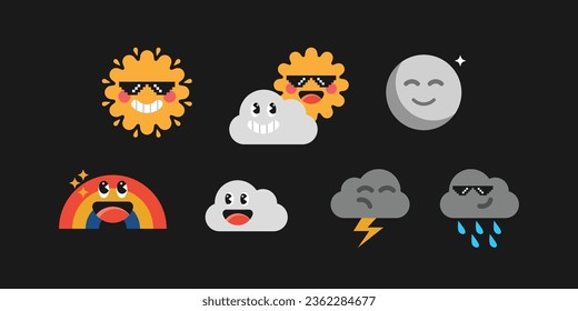 Simple and cute weather forecast illustration stickers set vector
