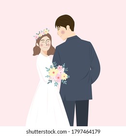 Simple Cute Wedding Couple Portrait Illustration Hug and Embracing each other, Save the Date Wedding Invitation with Pink Background