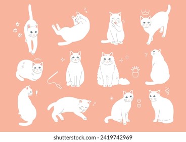 Simple and cute white cat illustration set