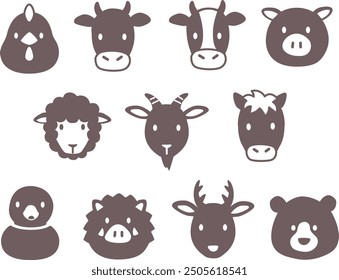 Simple and cute wild, domestic and carnivorous animal face icon illustrations