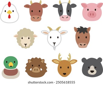 Simple and cute wild, domestic and carnivorous animal face icon illustrations