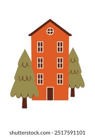 Simple cute winter landscape with red house and fir trees. Hand drawn print. Isolated illustration with cottage and trees for Christmas, New Year card, banner, sticker, badge. Flat Design.