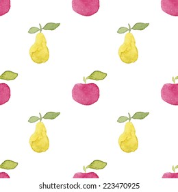 Simple and cute yellow pears and red apples seamless vector pattern. Vectorized watercolor painting.