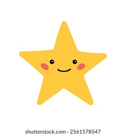 Simple and cute yellow star with a sweet smile and rosy cheeks. Ideal for children’s products, holiday designs, or fun illustrations. Flat cartoon vector isolated on a white background.