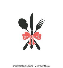 Icono de cubiertos simples aislado de la colección de cocina. iconos de cubiertos modernos y modernos símbolos de cubiertos con cinta en fondo blanco ilustración vectorial