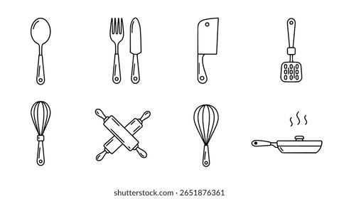 A simple cutlery line icon set. A minimalist collection of kitchen utensil symbols like a spoon, fork, and knife for food branding.