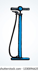 Simple cyan spring device on light backdrop. Motor object logotype emblem. Bright blue color drawn pictogram sketchy in retro art doodle cartoon silhouette style on road space for text. Closeup view`