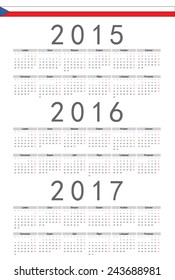 Simple Czech 2015, 2016, 2017 year vector calendar. Week starts from Monday.