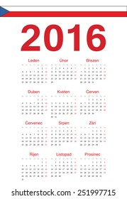 Simple Czech 2016 year vector calendar. Week starts from Mondays.