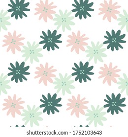 Simple daisies flowers seamless pattern on white background. Chamomiles floral endless wallpaper. Vector illustration. Doodle style. Design for fabric design, textile print, wrapping, cover. 