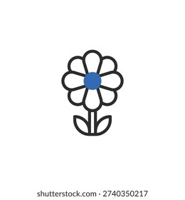 Simple daisy flower icon with a blue center and black outline, isolated on white background. Flat design.