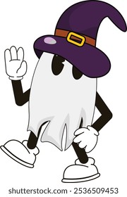simple dancing ghost halloween mascot illustration with funny pose and expression