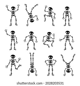 Simple dancing skeletons. Various skeletal poses isolated. Funny skeletons in different poses. Vector elements for Halloween design.