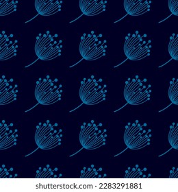 Silueta de dientes de león simple sin costura. Fondo botánico de bola de flores. Resumen de papel de pared de flores. Diseño para tela, impresión textil, envoltura, cubierta. Vector
