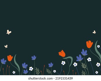 SImple dark backround with bright wild flowers and butterflies