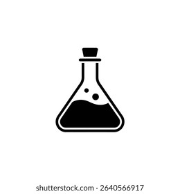 A simple, dark black silhouette of an Erlenmeyer flask with liquid inside, sealed with a stopper. Useful for chemistry, science, or laboratory-themed content, clearly illustrated.