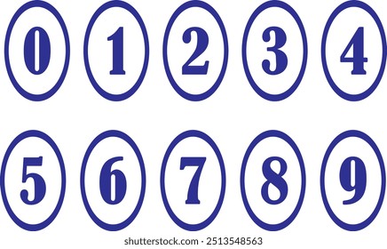 simple dark blue color bullet points stroke oval number set from zero to nine simple flat style a collection of numbers including one that has the number 0 to 9