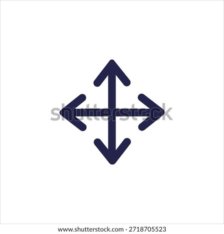 A simple, dark blue, four-way arrow icon centered on a pure white background. This symbol typically represents movement, expansion, or full-screen functionality in user interfaces and digital designs.