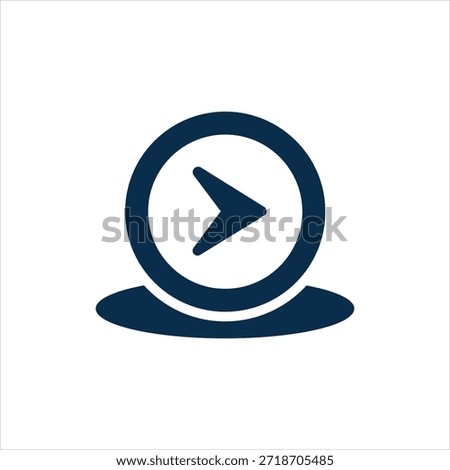 A simple, dark blue graphic icon featuring a right-pointing arrow enclosed within a circle, set against a pure white background. This symbol is commonly used for 'next' or 'play' functions in digital