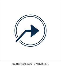 Um ícone simples, azul-escuro com uma seta apontando para a direita, indicando crescimento ou movimento para a frente, entre um contorno circular duplo. Isolado em um fundo branco puro, perfeito para os negócios