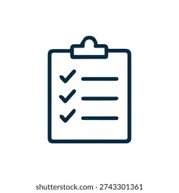 A simple, dark blue line icon of a clipboard with a completed checklist. Ideal for task management, productivity, and project completion themes.