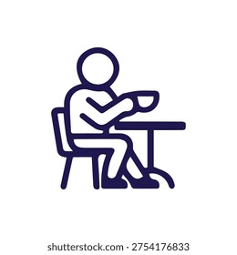 A simple dark blue line icon of a person sitting at a table with a cup. Ideal for cafes, break rooms, restaurants, and user interface design.