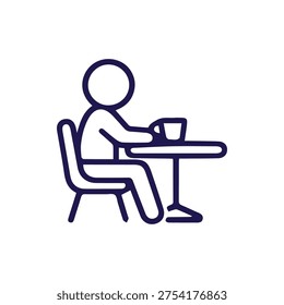 A simple dark blue line icon of a person sitting at a table with a cup. Ideal for representing cafes, break times, or waiting areas. Clean design.